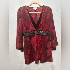 EUC Sz L Dressbarn Red and Black Feather Pattern Dress